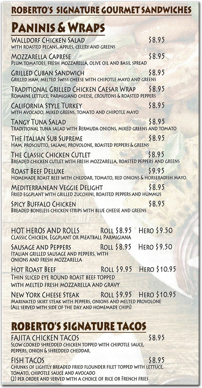 Roberto's Gourmet Kitchen Restaurant in Staten Island / Official Menus