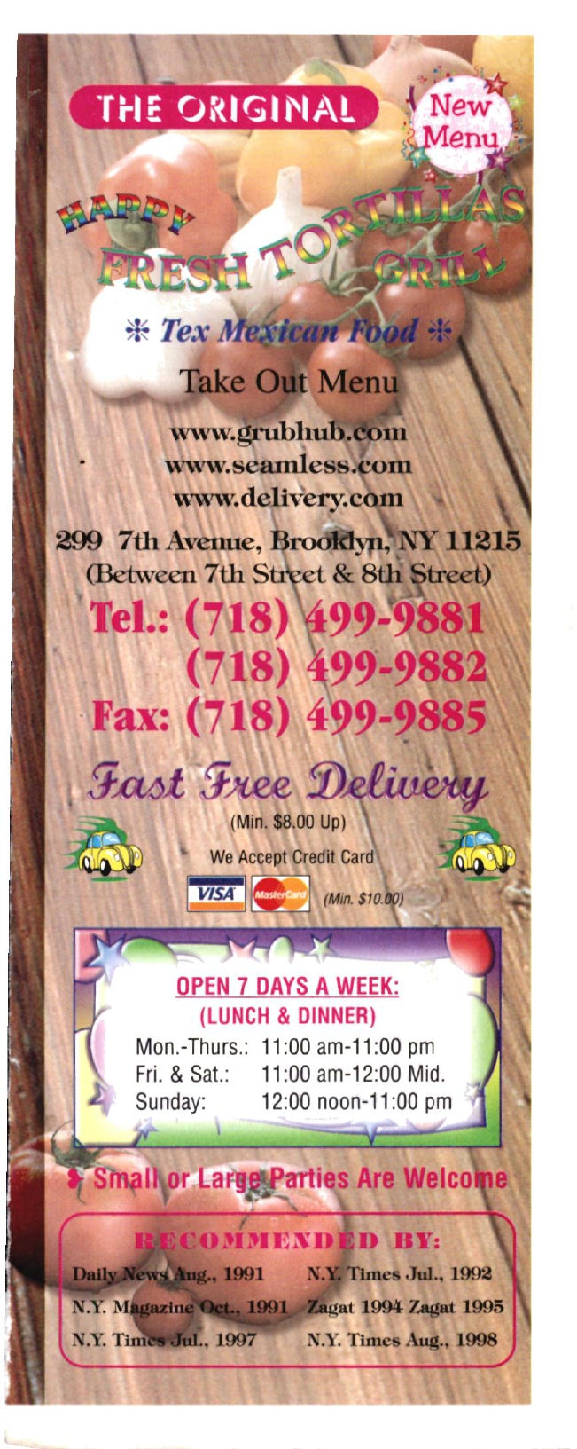 Happy Fresh Tortillas Grill Restaurant in Brooklyn / Official Menus