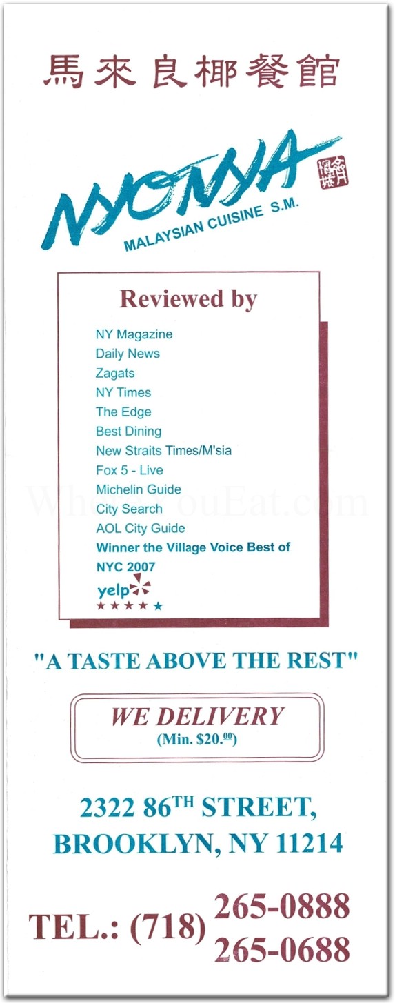 Nyonya Restaurant in Brooklyn / Official Menus & Photos
